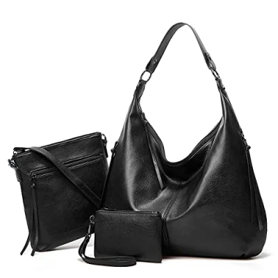 Image of Ashioup Hobo Bags for Women Soft PU Leather Slouchy Bag Shoulder Purse with Zipper, Black Three piece Suit, One Size