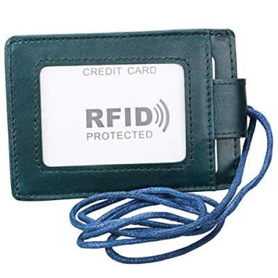 Image of RFID Blocking ID Badge Holder, Aileder 2 Sided Vertical Genuine Leather Credit Card Holder Wallet with 1 Window, 3 Slots and Neck Lanyard/Strap (Dark Green)