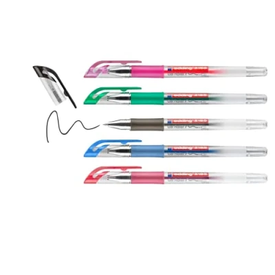 Image of edding 2185 gel roller black, red, blue, green, pink set of 5 0.7 mm pen for writing, drawing, colouring mandalas, bullet journals colour