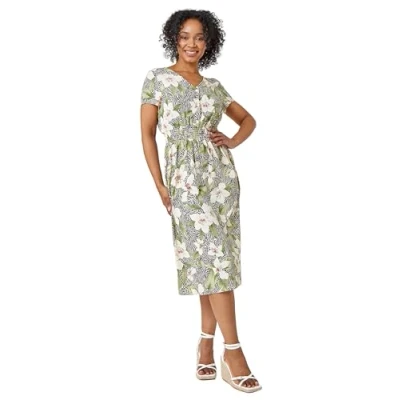 Image of Roman Originals Shirred Waist Dress for Women UK Ladies Midi Maxi Summer Spring Tiered Frill Hem Short Sleeve V Neck Button Through Boho Bohemian Gypsy Holiday Petite Khaki Size 18
