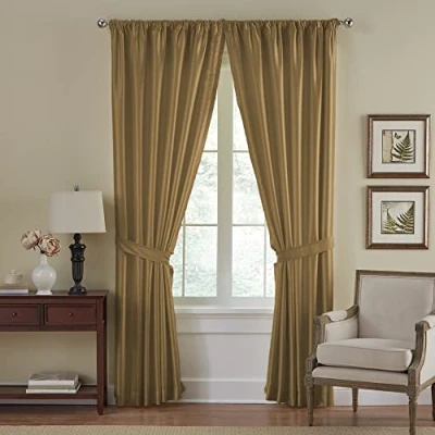 Image of Elrene Home Fashions Versailles Faux Silk Room Darkening Curtain Panel, Blackout with Rod Pocket, 52 Inches by 108 Inches, Gold, 1 Panel