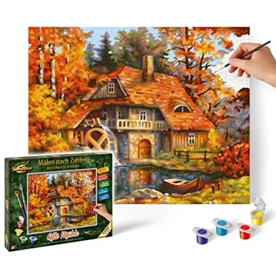 Image of Schipper 609240799 Paint by Numbers Old Mill Painting Pictures for Adults Including Brush and Acrylic Paints 24 x 30 cm