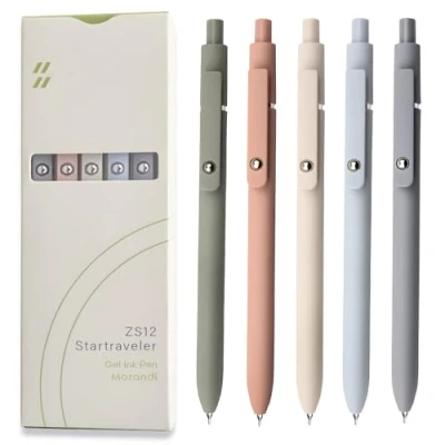 Image of UIXJODO Gel Pens, 5 Pcs 0.5mm Japanese Black Ink Pens Fine Point Smooth Writing with Silicone Grip, High End Series Metal Clip Retractable (5 Morandi)