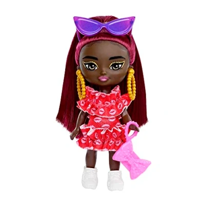 Image of Barbie Doll, Extra Mini Doll with Burgundy Hair and Sunglasses, Red Ruffle Dress, Clothes Accessories​, HLN47