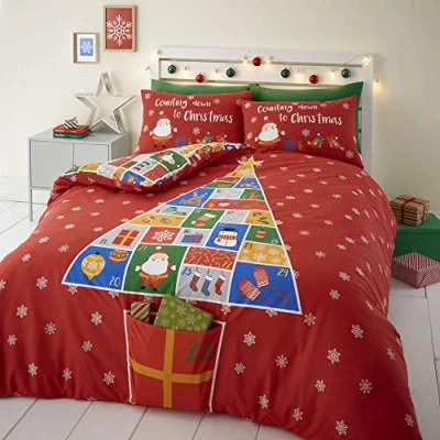 Image of Catherine Lansfield Countdown To Christmas Easy Care Double Duvet Set, 3 pieces, Red