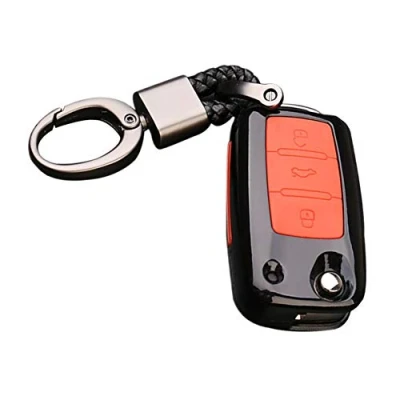 Image of Happyit ABS Carbon Fiber Shell+Silicone Car Key Cover Case Keychain for Volkswagen VW Bora Beetle Tiguan Polo Passat B5 B6 MK5 6 Jetta Eos SEAT Sagitar Golf 3 Buttons (A Black + red)