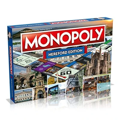 Image of Winning Moves Hereford Monopoly Board Game, Advance to the Bull Statue, Black and White House Museum Old Wye Bridge, 26 players makes a great gift for ages 8 plus