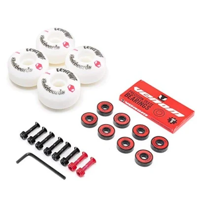Image of Venom Skateboards Logo White Skateboard Wheels 54mm &amp; ABEC 9 Bearings Pack + Bolts!
