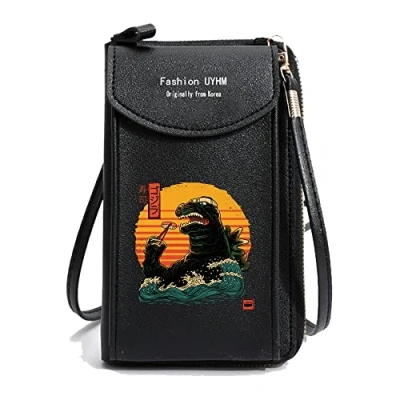 Image of Crossbody Phone Bag for Women, Leather Ladies Cross Body Handbags Mobile Pouch with Long Strap Zips Card Slots, Small Cellphone Shoulder Bags Coin Purse Wallet Gifts (Godzilla Drink)