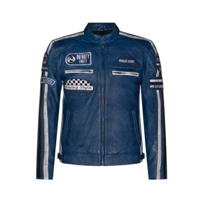 Image of Mens Blue Leather Biker Badges Racing Moto Jacket M