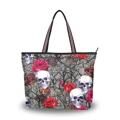 Image of JUMBEAR Canvas Tote Bag Women Handbag Skull Roses Ladies Shopping Shoulder Bag，M
