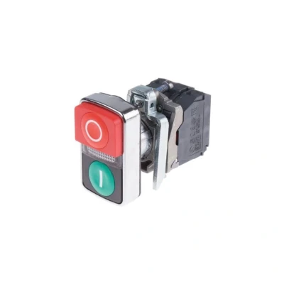 Image of Schneider Electric Harmony XB4 ON/OFF Illuminated Push Button Switch, Metal, Green Flush Marked I, Middle Pilot Light, Red Projecting O, 1NO + 1NC, 240V AC, 22mm Mount, XB4BW73731M5