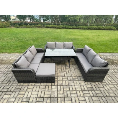 Image of Patio Rattan Garden Furniture Set with Oblong Rectangular Dining Table Big Footstool 10 Seater Outdoor Lounge Sofa Dark Grey Mixed Fimous