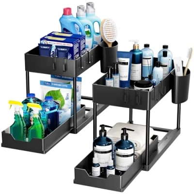Image of Puricon 2 Pack Under Sink Storage Kitchen Organiser, Tier Shelf with Slide Out Drawer, Multi purpose Bathroom Rack for Countertop Laundry Black