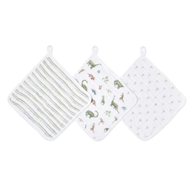 Image of aden + anais Essentials Classic Washcloth Set, Super Soft 100% Cotton Muslin, 3 Pack, Dino Jungle