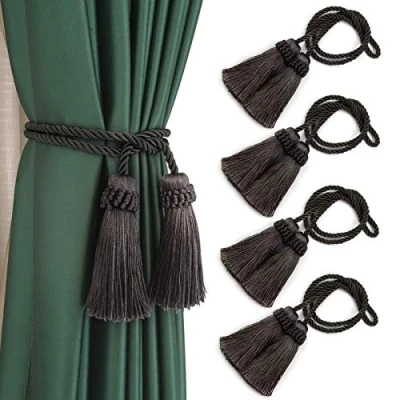Image of Fenghuangwu 4 Pack Curtain Tiebacks Handmade Decorative Holdbacks Rope with Tassel (Charcoal)