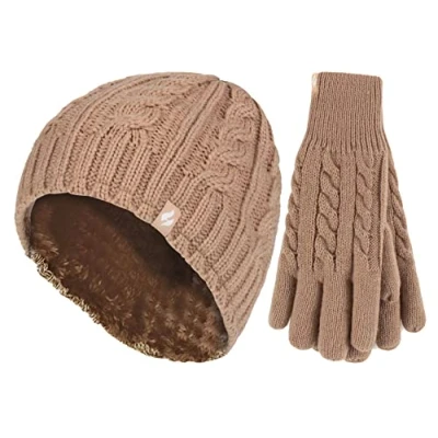 Image of HEAT HOLDERS Ladies Thermal Winter Outdoor Fleece Insulated Hat and Gloves Set in 7 Colours (M L, Beige)