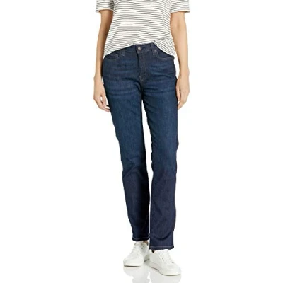Image of Amazon Essentials Women&#039;s Mid Rise Slim Straight Jean, Dark Wash, 18