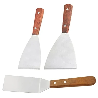 Image of Mousyee Griddle Spatula Set, Heavy Duty Wood Handle Teppanyaki Spatulas Stainless Steel Barbecue Cooking Turner and Scraper Flat for Kitchen, 3 Pcs