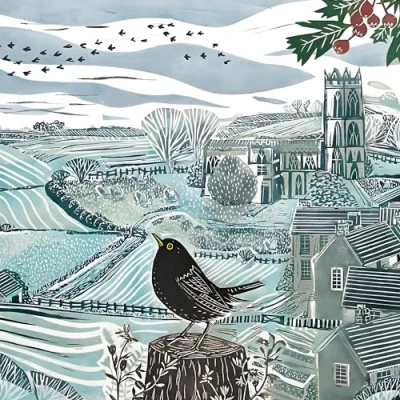 Image of Charity Christmas Cards Pack of 5 BHF, Marie Curie, Mind, NSPCC, Shelter Winter Blackbird and Countryside Scene Artistic Festive Design by Alison Headley Made in the UK Eco Friendly