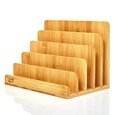 Image of Magazine File Holder, A4 Document Storage Rack, Office Desk Organiser, Bambuwood Natural Book Rack