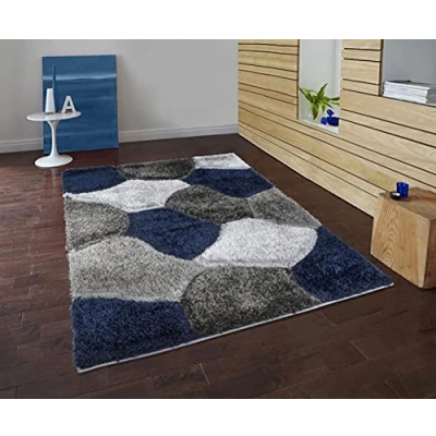 Image of Modern Area Rug, Polypropylene Geometric Super Soft Shaggy Rectangular Mat, for Bedroom, Living Room, Long Hall Runner Carpet, Blue Grey, 120x170