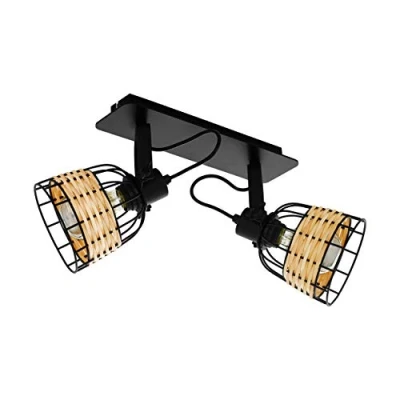Image of EGLO Anwick 1 Ceiling Light, 2 Bulb Vintage, Boho, Spotlight Made of Steel and Rattan, Living Room Lamp in Black, Natural, Kitchen Lamp, Spotlights with E27 Socket