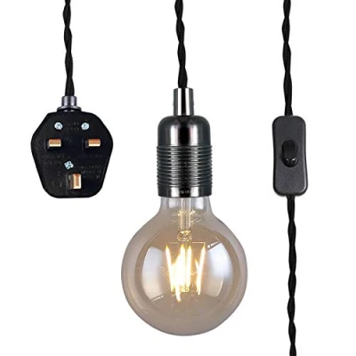Image of Black Pendant Light Fitting with Plug in, Vintage Style Hanging KIT E27 Lamp Holder,4500MM Braided Twisted Cable On/of Switch KIT04BPG