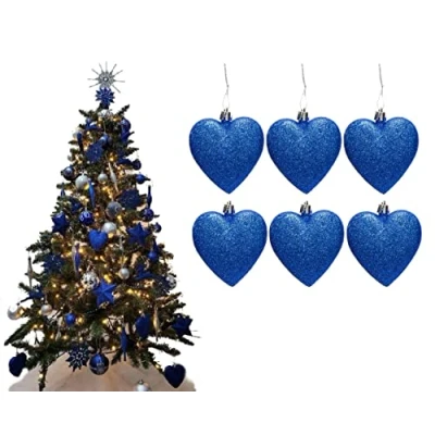 Image of Simply Products 6 Heart Baubles Great Christmas Tree Decorations, Glitter (Royal Blue Glitter)