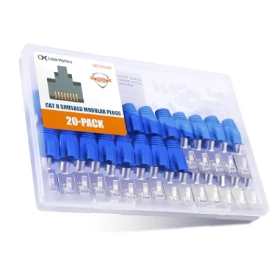 Image of Cable Matters 20 Pack 23 24AWG Shielded Cat8 RJ45 Connectors with Load Bar &amp; Strain Relief Boots, NOT Compatible 22AWG (Cat 8 Connector / Connector/Cat Network Connector)