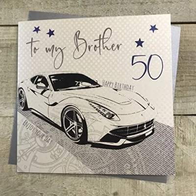 Image of white cotton cards Racing Car, Brother 50 Happy Handmade 50th Birthday Card, wba50 b, 16cm x