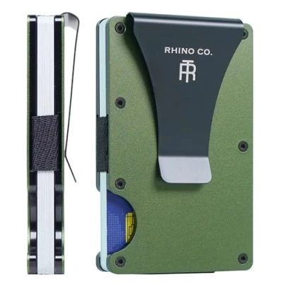 Image of RHINO CO. Minimalist Metal Wallet RFID Blocking Credit Card Holder with Cash Clip Slim, Secure, Small and Stylish (Olive)