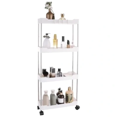 Image of ASelected 4 Tier Storage Trolley,Slim Trolley with Wheels Plastic Rack for Bedroom, Bathroom, Office, Narrow Places, White