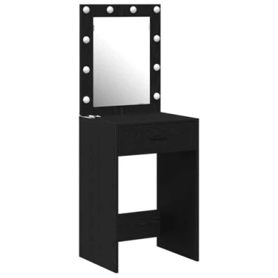 Image of vidaXL Black Oak Vanity Table with Mirror Lights Modern Makeup Desk Bedroom Furniture 50x41x135 cm Storage Drawer Included