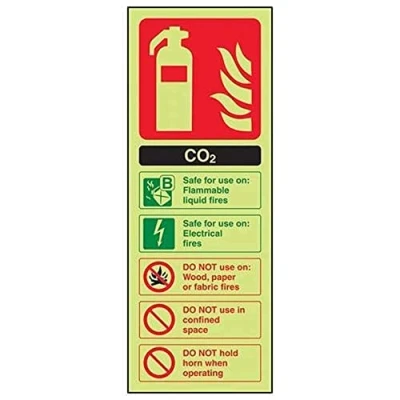 Image of V Safety Glow In The Dark Carbon Dioxide Co2 Id Fire Extinguisher Sign 100mm x 280mm Self Adhesive Vinyl