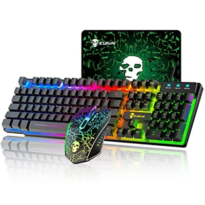 Image of T6 Wired Keyboard Mouse Combo, 12 Chroma RGB Backlit Mechanical Feel Ergonomic USB Gaming Anti ghosting Keys+2400DPI 6 Buttons Optical LED + Free Pads (Black)