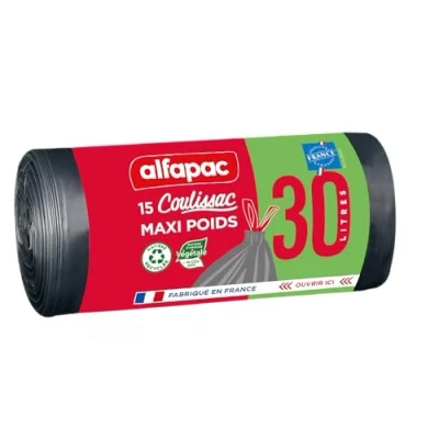Image of ALFAPAC 15 x 30L Drawstring Bags Maxi Weight Bin Liners Vegetal Origin, 50 65 cm