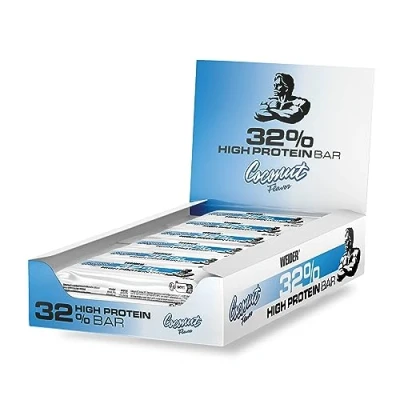 Image of Weider 32% High Protein Bar (12x60g) Coconut Flavour. Chocolate Coated with Content. Muscle Building and Maintenance Support. Ideal Before or After Training. Delicious Tastes