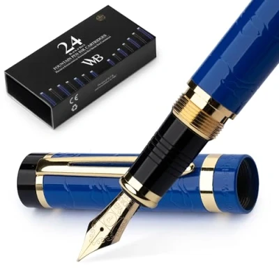 Image of Wordsworth &amp; Black Primori Fountain Pen Set [Blue Gold]; Fine Nib, Gift Case, 24 Ink Cartridges, Refill Converter, Manual; Journaling, Calligraphy, Smooth Writing Pens; Left and Right Handed