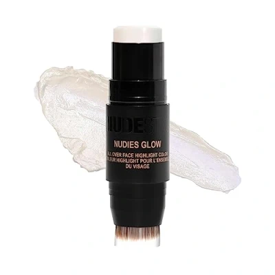 Image of NudeStix Nudies Glow Highlighter Stick w/Blending Brush, Dewy Cream Makeup for Cheeks, Eyes, Lips, Soft Metallic Glowy Face Color and Contour, 0.28 oz (8g) (Illumi Naughty)
