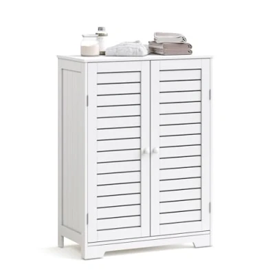 Image of Mondeer Bathroom Floor Cabinet, Freestanding Storage Unit with 2 Adjustable Shelves and Louvered Doors, for Kitchen Bedroom Hallway, 60 x 30 80cm, White