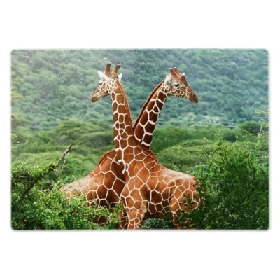 Image of ShopQuality4U Premium Medium Glass Cutting Board Cheese Giraffe&#039;s in The Wild Design Kitchen Worktop Saver Protector