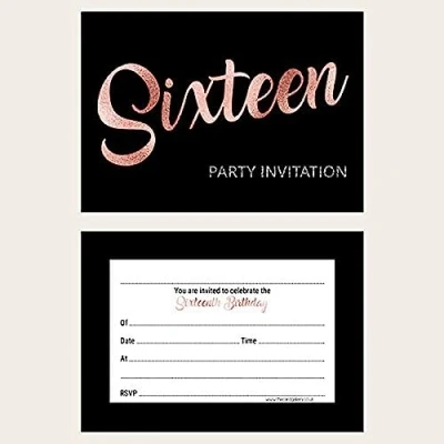 Image of Dotty about Paper 16th Birthday Party Invitations Black and Rose Gold Sixteen Pack of 10. Cute, Modern, Fun, Celebration, Party, Friends, Family. Envelopes Included (791)