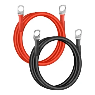 Image of QWORK® 2PCS Car Battery Cables 3 AWG 25mm² 100 cm 12V Red &amp; Black Inverter Copper Wires with M10 Ring Terminals for Automotive Motorcycle Truck RV Boat