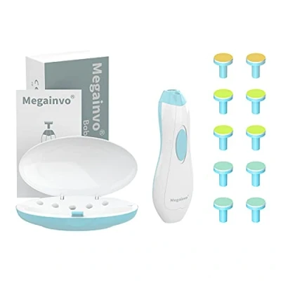Image of Baby Nail File Megainvo Electric Trimmer Manicure Set Nails Clipper LED Light Whisper Quiet Design Safe for Newborn Toddler Kids Toes and Fingernails Care Kit 10 Grinding Heads Blue