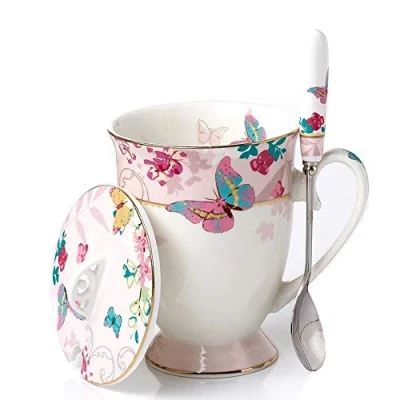 Image of Eplze YBK Tech Euro Style Porcelain Tea Cup Coffee Mug with Lid for Breakfast Home Kitchen ((Butterflies Pattern) (Pink))