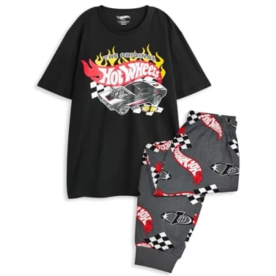 Image of Hot Wheels Mens Pyjama Set Adults Race Car Graphic Short Sleeve Top &amp; Long Leg PJ Bottoms in Black Grey The Original Hotwheels Flame Logo Print Nightwear Model Toy Cars Merchandise Gift