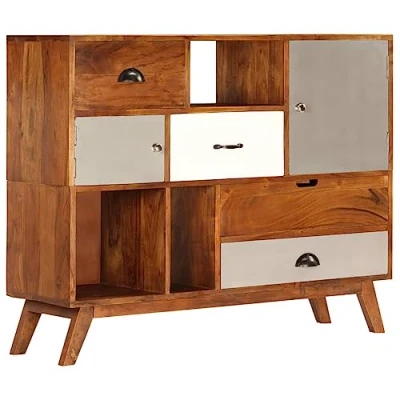 Image of vidaXL Solid Acacia Wood Sideboard with Dark Honey Finish Retro Design Wooden Cabinet 4 Drawers and 2 Cabinets Versatile for Living Room Bedroom