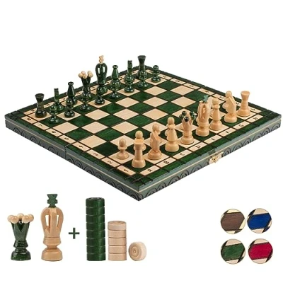 Image of GREAT KINGDOM Chess and Checkers Set Master of Green Board 35cm For Adults Kids Handmade Portable Drafts/Draughts