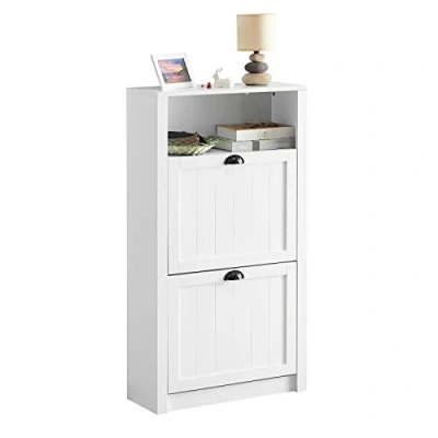 Image of SoBuy FSR87 SCH, Shoe Cabinet Rack Storage Cupboard Organizer Unit with 1 Compartment and 2 Drawers, 80x24x110cm, Black